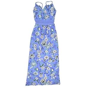 No Boundaries Floral Maxi Romper Dress Blue Crochet Waist Small 3-5 Boho Slit